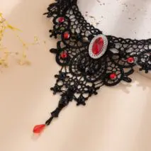 Gothic Crystal Inlaid Cross Charm Floral Lace Choker Necklace - ArtGalleryZen