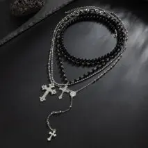 Gothic Layered Cross Long Ball Chain Y Necklace Set - ArtGalleryZen