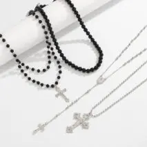 Gothic Layered Cross Long Ball Chain Y Necklace Set - ArtGalleryZen