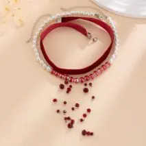 Halloween 2Pcs Blood Drop Crystal Tassel Pearl Chain Velvet Choker Necklace Set - ArtGalleryZen
