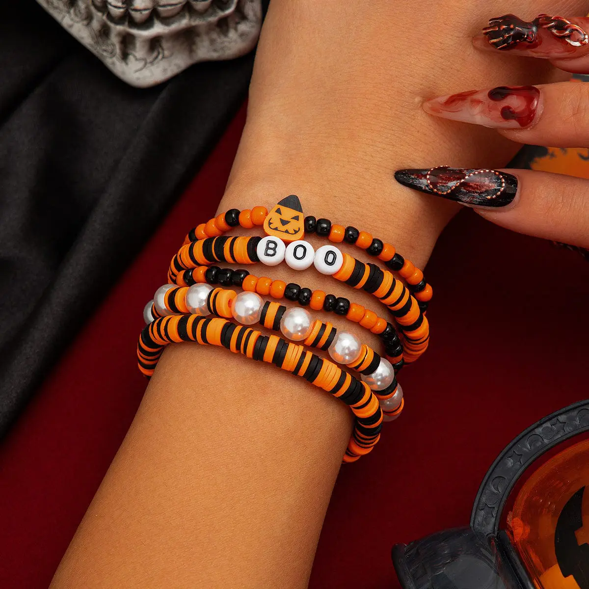 Halloween 5Pcs Pumpkin Charm Pearl Letter Clay Chain Bracelet Set - ArtGalleryZen
