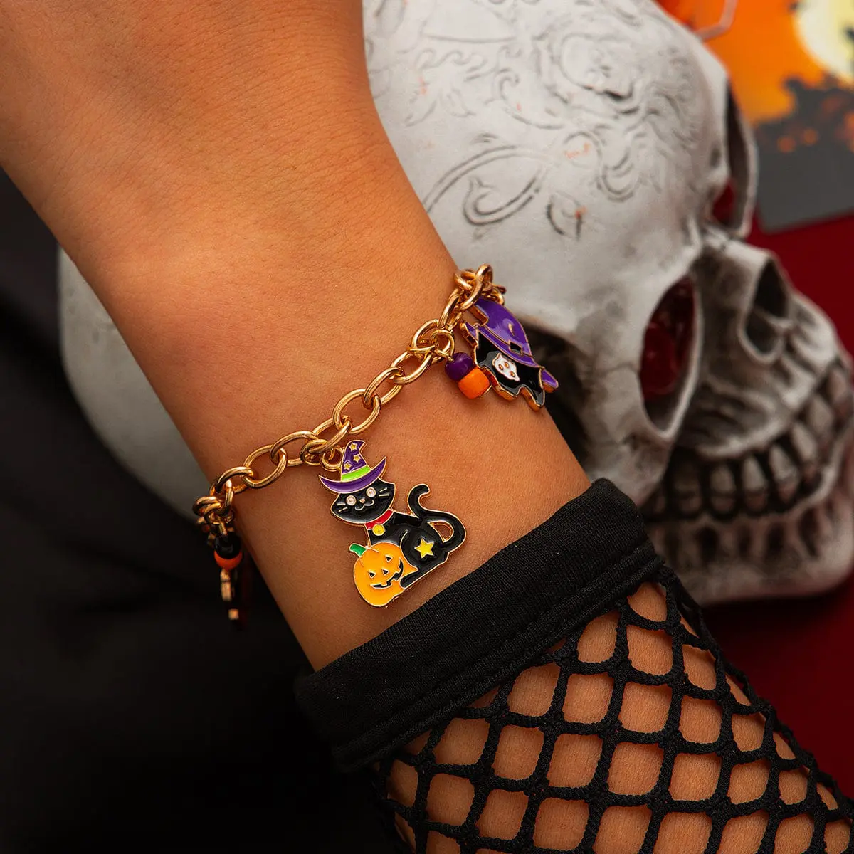 Halloween Toggle Clasp Witch Kitten Pumpkin Charm Bracelet - ArtGalleryZen
