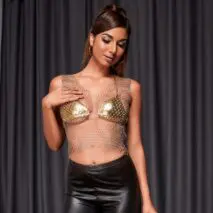 Handmade Bling Rhinestone Fishnet See Through Mesh Halter Top - ArtGalleryZen
