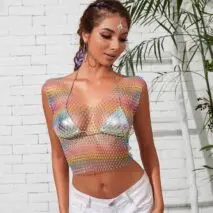 Handmade Bling Rhinestone Fishnet See Through Mesh Halter Top - ArtGalleryZen