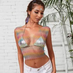 Handmade Bling Rhinestone Fishnet See Through Mesh Halter Top - ArtGalleryZen