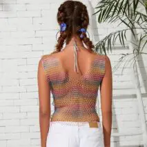Handmade Bling Rhinestone Fishnet See Through Mesh Halter Top - ArtGalleryZen