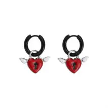 Handmade Enamel Angel Wings Heart Lock Huggie Hoop Earrings - ArtGalleryZen