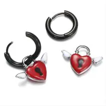Handmade Enamel Angel Wings Heart Lock Huggie Hoop Earrings - ArtGalleryZen