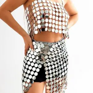 Handmade Glitter Mirror Sequins Patchwork Strappy Nightclub Split Skirt - ArtGalleryZen