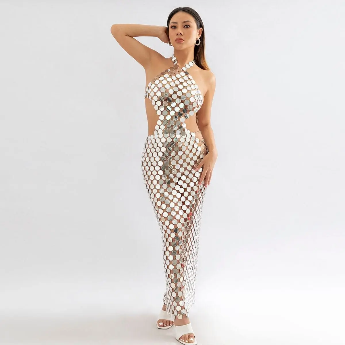 Handmade Gold Silver Rose Red Glitter Strappy Mirror Sequin Dress - ArtGalleryZen