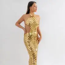 Handmade Gold Silver Rose Red Glitter Strappy Mirror Sequin Dress - ArtGalleryZen