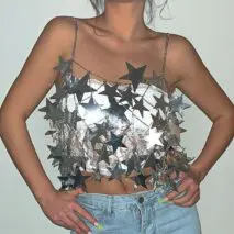 Handmade Hollow Glitter Star Sequins Sleeveless Tank Top - ArtGalleryZen