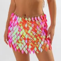 Handmade Orange Rhombic Sequins Patchwork Strappy Nightclub Party Skirt - ArtGalleryZen