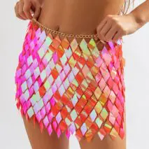 Handmade Orange Rhombic Sequins Patchwork Strappy Nightclub Party Skirt - ArtGalleryZen