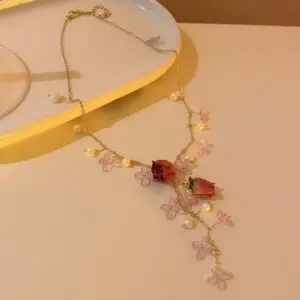 Handmade Real Dried Rosebud Crystal Floral Pearl Tassel Necklace Dangle Earrings Bracelet Set - ArtGalleryZen