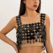 Handmade White Black Mirror Sequins Tassel Party Tank Top - ArtGalleryZen