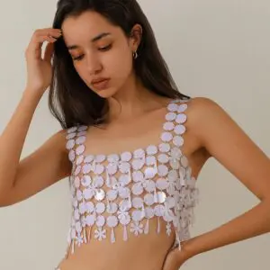 Handmade White Black Mirror Sequins Tassel Party Tank Top - ArtGalleryZen