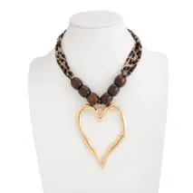 Heart Pendant Leopard Print Chiffon Wooden Beads Choker Necklace - ArtGalleryZen