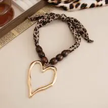 Heart Pendant Leopard Print Chiffon Wooden Beads Choker Necklace - ArtGalleryZen