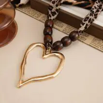 Heart Pendant Leopard Print Chiffon Wooden Beads Choker Necklace - ArtGalleryZen