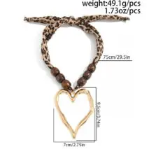 Heart Pendant Leopard Print Chiffon Wooden Beads Choker Necklace - ArtGalleryZen