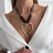 Heart Pendant Leopard Print Chiffon Wooden Beads Choker Necklace - ArtGalleryZen