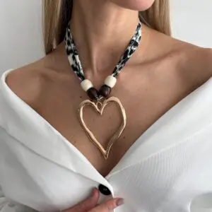Heart Pendant Wooden Beads Leopard Print Chiffon Choker Necklace - ArtGalleryZen