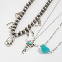 Hippie 3pcs Bull Cowboy Hat Turquoise Pendant Ball Chain Necklace Set - ArtGalleryZen