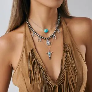 Hippie 3pcs Bull Cowboy Hat Turquoise Pendant Ball Chain Necklace Set - ArtGalleryZen