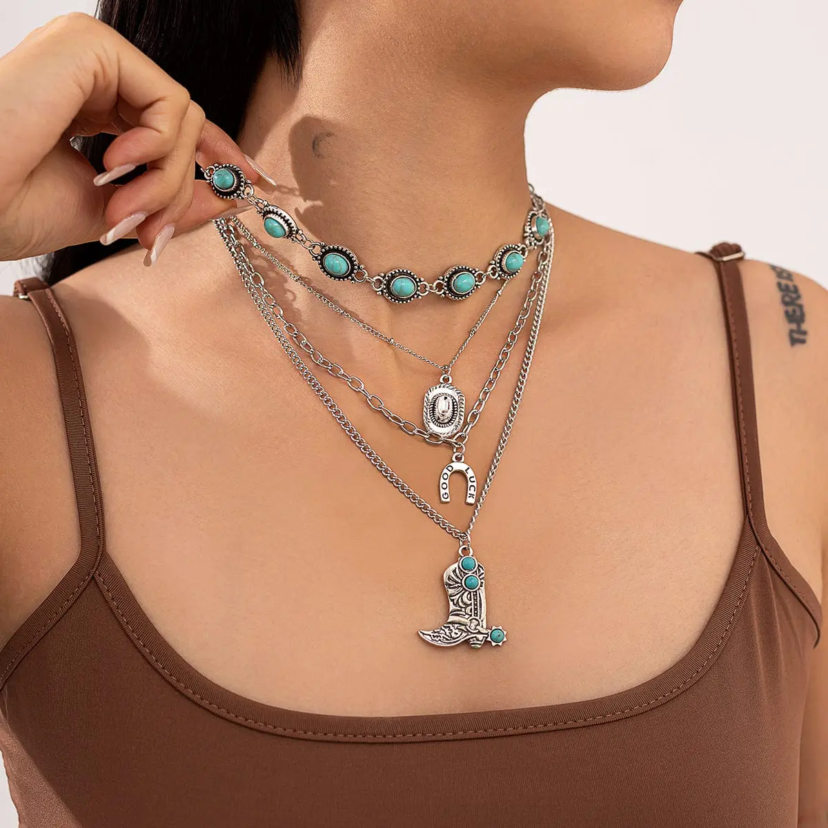 Hippie 4pcs Turquoise Boot Cowboy Hat Lucky Horseshoe Pendant Necklace Set - ArtGalleryZen