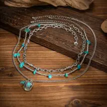 Hippie Layered Cactus Cowboy Hat Pendant Turquoise Necklace Set - ArtGalleryZen
