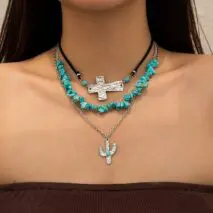 Hippie Layered Turquoise Cactus Pendant Cross Velvet Necklace Set - ArtGalleryZen