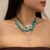 Hippie Layered Turquoise Cactus Pendant Cross Velvet Necklace Set - ArtGalleryZen