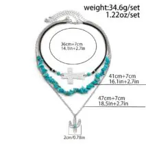 Hippie Layered Turquoise Cactus Pendant Cross Velvet Necklace Set - ArtGalleryZen