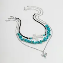 Hippie Layered Turquoise Cactus Pendant Cross Velvet Necklace Set - ArtGalleryZen