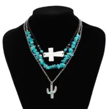 Hippie Layered Turquoise Cactus Pendant Cross Velvet Necklace Set - ArtGalleryZen