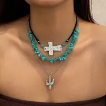 Hippie Layered Turquoise Cactus Pendant Cross Velvet Necklace Set - ArtGalleryZen