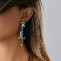 Hippie Turquoise Inlaid Boot Cowboy Hat Star Dangle Earrings - ArtGalleryZen