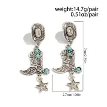 Hippie Turquoise Inlaid Boot Cowboy Hat Star Dangle Earrings - ArtGalleryZen