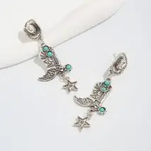 Hippie Turquoise Inlaid Boot Cowboy Hat Star Dangle Earrings - ArtGalleryZen
