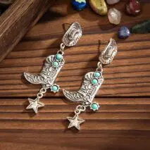 Hippie Turquoise Inlaid Boot Cowboy Hat Star Dangle Earrings - ArtGalleryZen