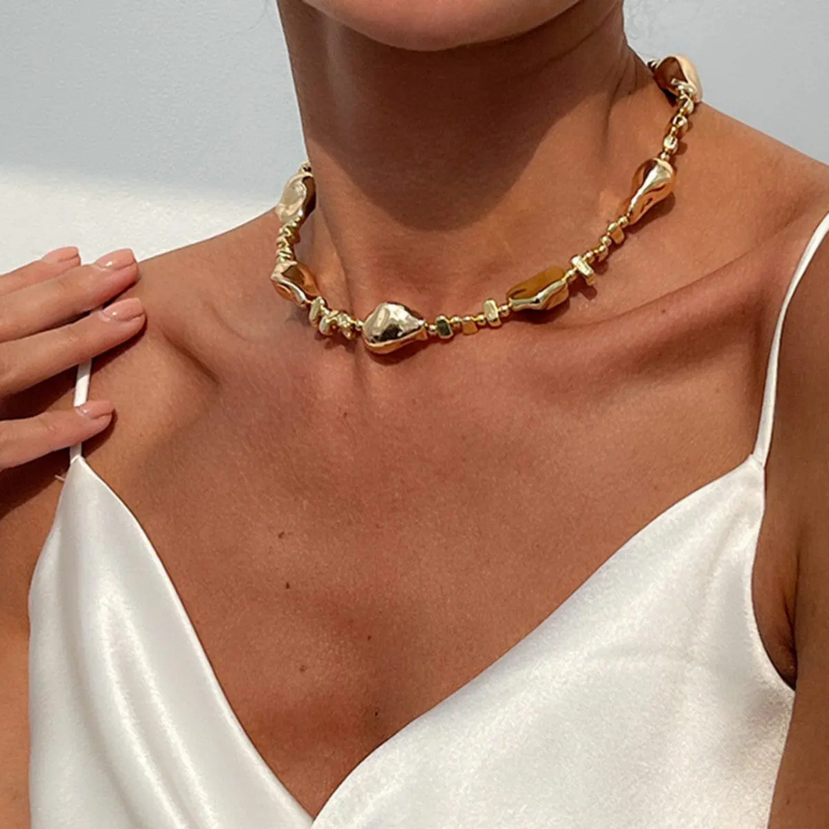 Irregular Gold Silver Tone CCB Beaded Chain Necklace - ArtGalleryZen