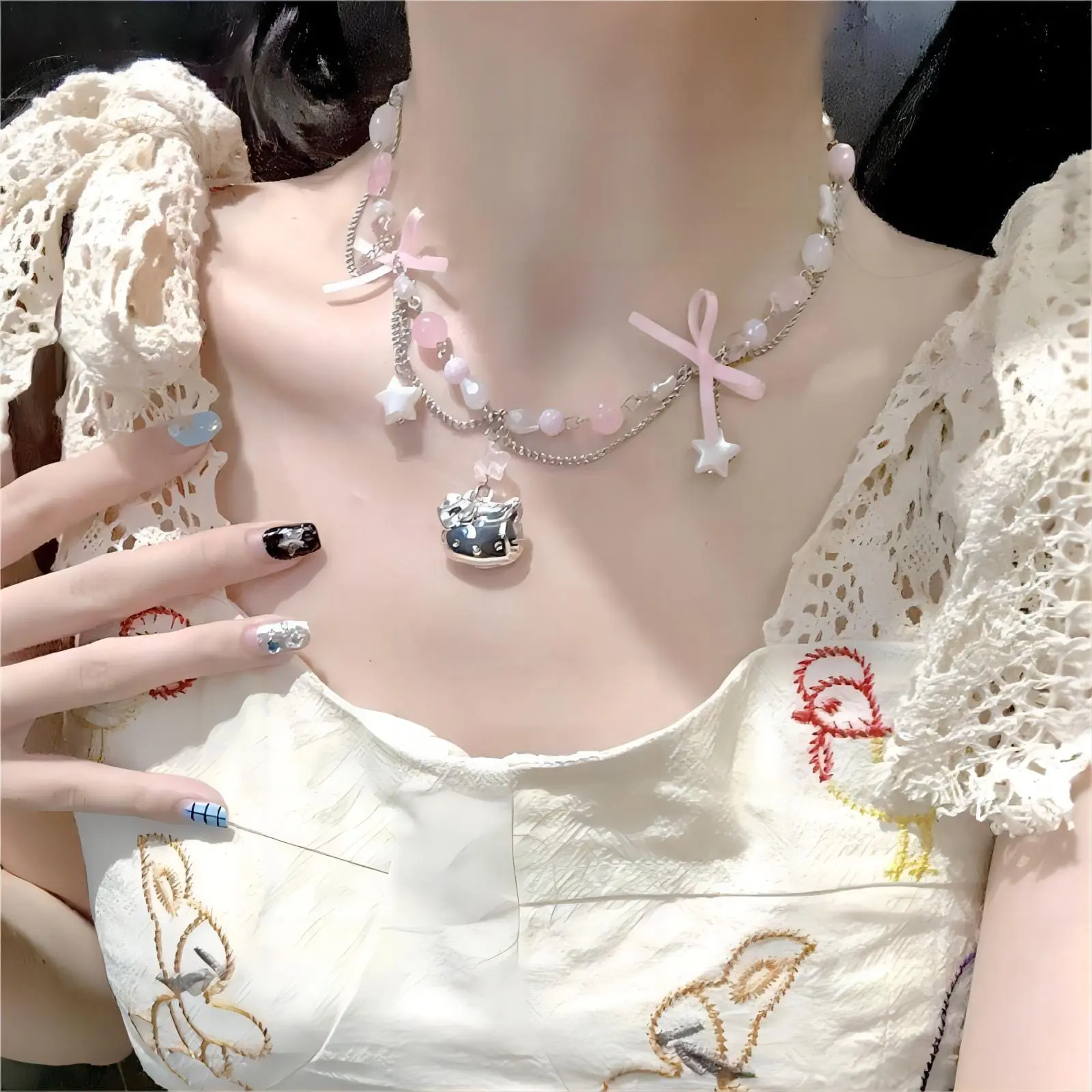 Kawaii Layered Star Tassel Hello Kitty Ball Chain Necklace - ArtGalleryZen