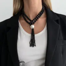 Layered Seed Bead Ball Chain Tassel Y Necklace Choker for Women - ArtGalleryZen