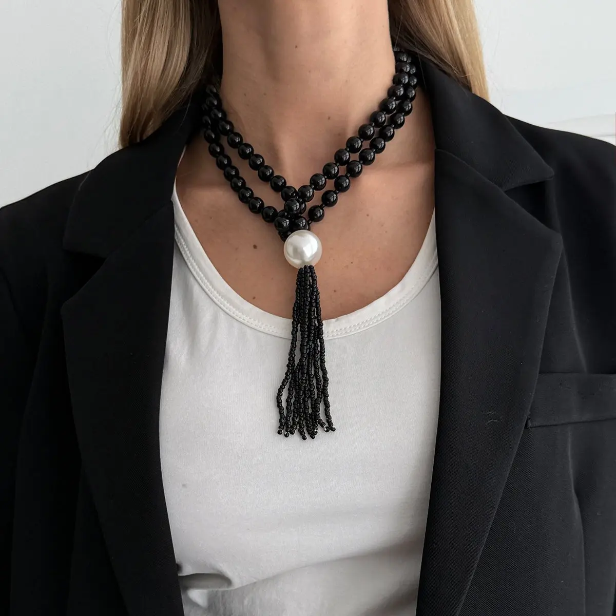 Layered Seed Bead Ball Chain Tassel Y Necklace Choker for Women - ArtGalleryZen