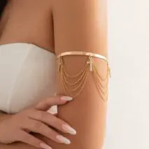 Minimalist Layered CZ Inlaid Cross Chain Tassel Arm Cuff - ArtGalleryZen