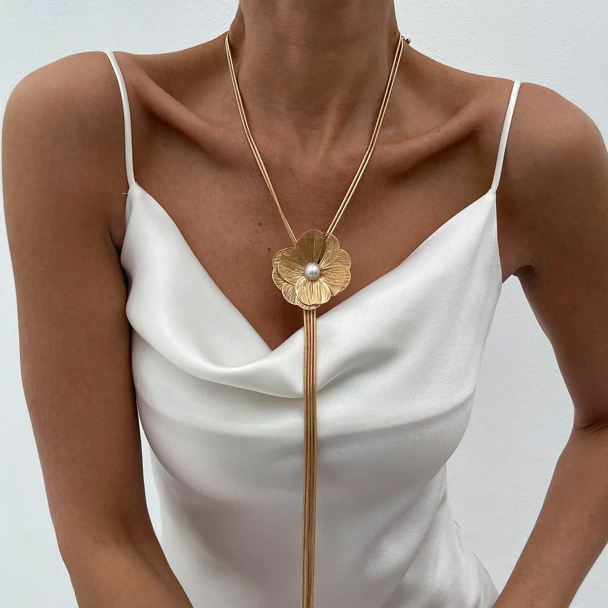 Minimalist Pearl Flower Charm Long Tassel Chain Y Necklace - ArtGalleryZen