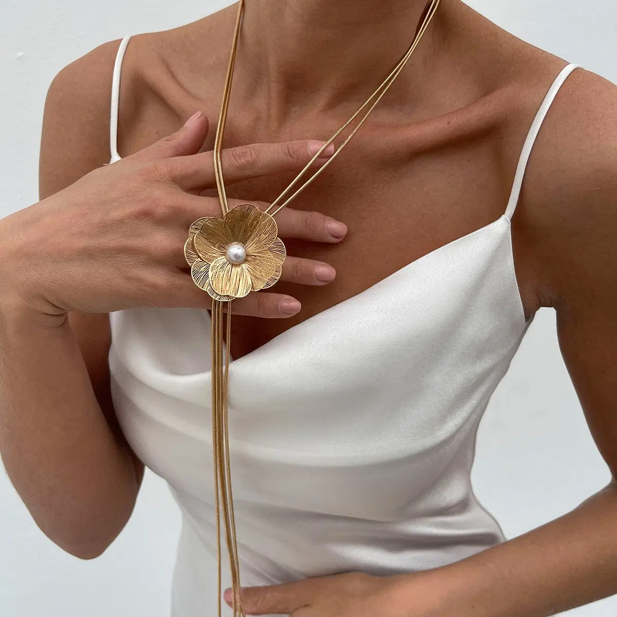 Minimalist Pearl Flower Charm Long Tassel Chain Y Necklace - ArtGalleryZen