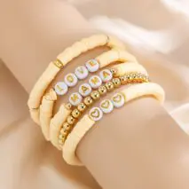 Mother's Day Heart Letter Polymer Clay Beaded Bracelet Set - ArtGalleryZen