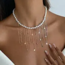 Newly Two Tone Star Ball Chain Tassel Pearl Necklace - ArtGalleryZen